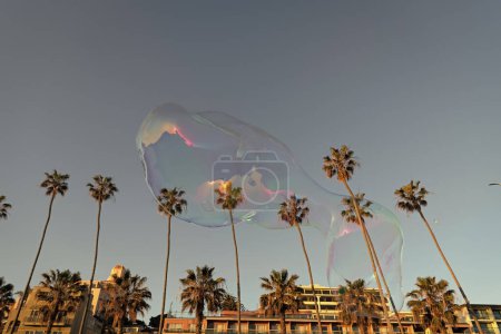 soap bubble blower fly in sky. urban landscape. bubble among palm trees near building. summer vacation. soap bubbles. townhouses and palm trees.