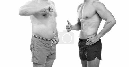 vor Fettleibigkeit nach dem Abnehmen des Männerkörpers im Studio. abgeschnittene Ansicht von Männern mit vorheriger Fettleibigkeit nach dem Abnehmen. Foto von vor Fettleibigkeit nach dem Abnehmen. vor Fettleibigkeit nach Schlankheitskur