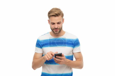 Photo for Man blogger use smartphone. Surfing internet and blogging. Chatting and texting SMS. Millennial man chat online. Man blogging on phone. Modern chat communication. Chat room. - Royalty Free Image