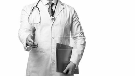 doctor presenting emedicine on background, advertisement. cropped photo of emedicine and doctor man with laptop. doctor promoting emedicine isolated on white. doctor offering emedicine in studio.