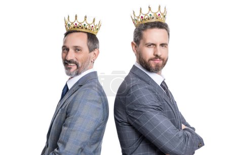 two business man in suit and crown. business teamwork and collaboration. partnership concept. partner team. successful partnership. business reward. business partner isolated on white. accomplishment.