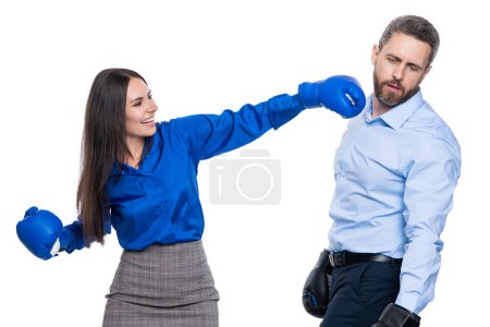 business fight. business partners fighting in gloves isolated on white. anger management. business fight with two businesspeople. businesspeople fight against each other. situations and disputes.