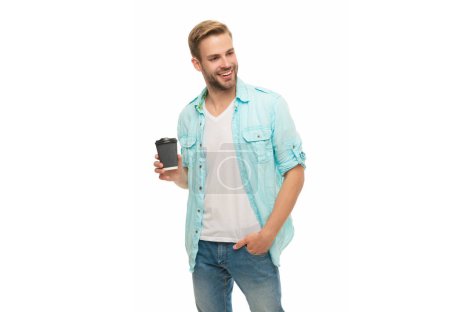Millennial man having coffee cup isolated on white. Morning coffee time. Lifestyle concept. Drinking espresso. Man drinking tea. Warm morning. Coffee break at home. Strong espresso.