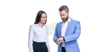 Punctual businesspeople check time isolated on white. Business deadline. Colleague late on business negotiation meeting. Deadline and punctuality. Time management. Businesspeople are punctual or late.