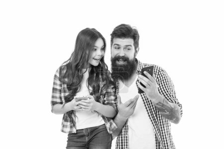Happy family of bearded man father and girl child daughter share social media content via cellphones isolated on white, sharing.