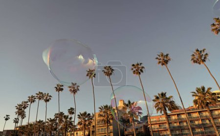 summer mood with soap bubble blower fly in blue sky among palm trees in summer near houses, bubble.