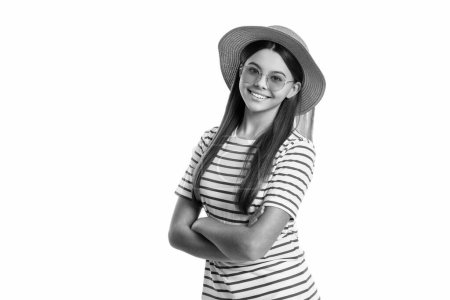 summer vacation teen girl in studio, copy space. photo of summer vacation teen girl wearing hat and stripe tshirt. summer vacation teen girl isolated on white. summer vacation teen girl on background.