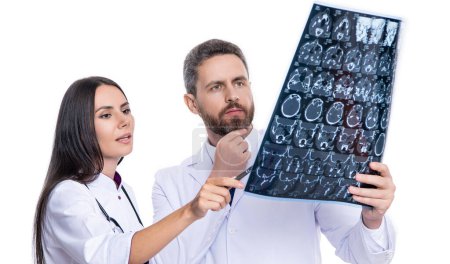 Doctor and Radiologist Discuss Diagnosis with mri scan. doctor give quality healthcare. healthcare and medicine. healthcare with doctor on diagnostic examination in medical clinic.