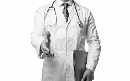 Photo for Doctor presenting emedicine on background. photo of emedicine and doctor man with laptop. doctor promoting emedicine isolated on white. doctor offering emedicine in studio. - Royalty Free Image