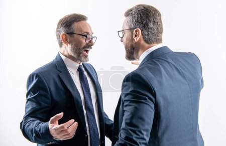 fighting between boss and employee. business fight. two businessmen fighting at rivalry isolated on white. businessmen having conflict fight in business. Fierce rivalry.