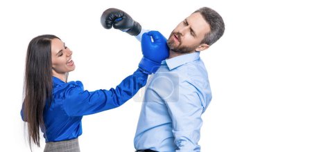 business fight. business partners fighting in boxing gloves isolated on white. anger management. business fight with two businesspeople. businesspeople fight against each other. conflict at work.