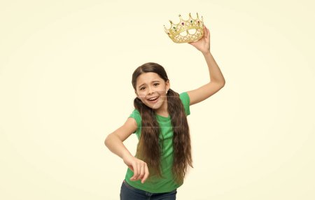 Girl dreaming become princess. Lady cute little princess. Royal concept. Child development and upbringing. Privilege elite school. Price of the throne. Kid wear golden crown symbol of princess.