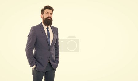 He knows who is boss here. Bearded man confident posture isolated white. Hipster with beard formal suit office worker. Businessman formal suit. Modern businessman ofiice worker. Office life concept.