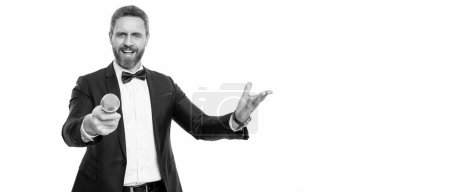 man speaker wear tuxedo in studio with copy space. speaker man speaking in microphone. man speaker isolated on white background. speaker man with microphone.