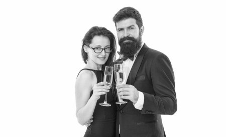 Photo for Family celebrate holiday. business corporate party. cheers concept. couple in love. man in tuxedo with sexy lady. formal couple drink champagne for partnership. successful people business event. - Royalty Free Image