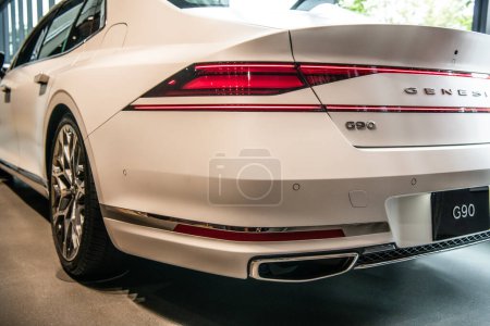 Photo for New York City, USA - August 05, 2023: Genesis G90 sedan car white color with back lights, back view. - Royalty Free Image