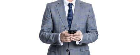 Photo for Communication. Businessman texting on phone isolated on white. Business texting message. Online business. Business man in suit use phone. Texting businessman chatting in blog. Business texting. - Royalty Free Image