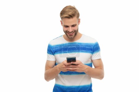 Photo for Surfing internet and blogging. Chatting and texting SMS. Millennial man chat online. Man blogging on phone. Modern chat communication. Man blogger use smartphone. Office chat. - Royalty Free Image