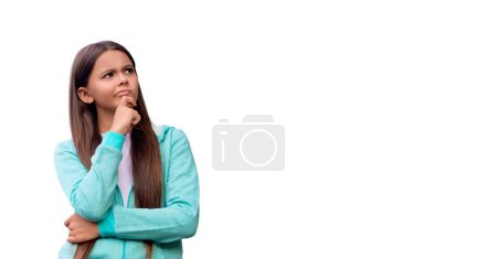 Headshot of pondering student teen girl isolated white. Teen girl looking at camera. Casual sporty style. Stylish girl has long hair. Teen spring fashion style. Style for girl. Dealing with problem.