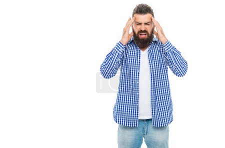Headache and migraine. Bearded man suffer from headache. Man with headache and stress. Guy tired with pain. Caucasian man feeling migraine isolated on white. Copy space.