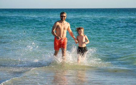 dad and son child has special moments at sea. Father son adventures. dad man and son kid running in sea beach. Father son bonding enjoying summer vacation. strong relationship.