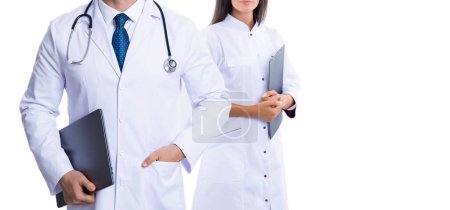 Photo for Medicine doctor hold clipboard. medical and healthcare workers in hospital isolated on white. two doctors internist in medicine service. Health insurance. healthcare and medicine. cropped view. - Royalty Free Image