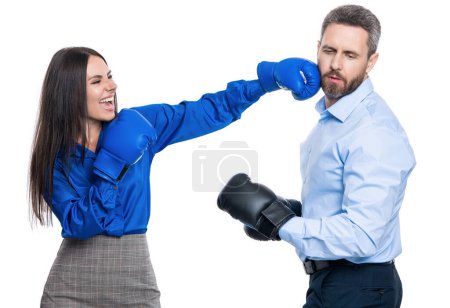 businesspeople in boxing gloves isolated on white. business competition. corporate competition between business partners. businesspeople ready to fight. working competition. leadership at work.