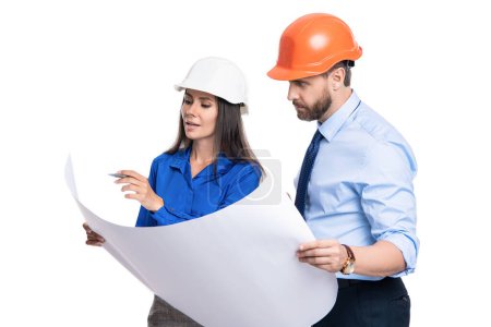 Photo for Engineer manager with assistant conduct inspection. Engineering inspection supervisor isolated on white. Inspection by supervisors in office. Project details. Supervisor colleagues. Explaining work. - Royalty Free Image