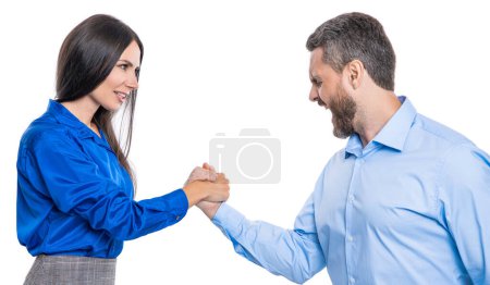 business competition. businesspeople competing in arm wrestling isolated on white. confrontation in office. business competitors doing arm wrestling. competition for leadership. entrepreneur fight.