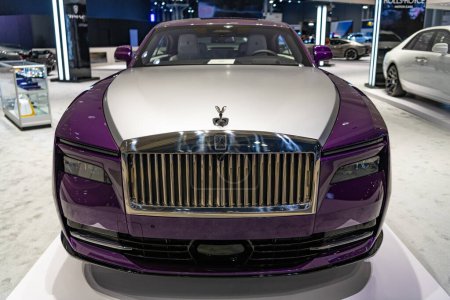 Photo for New York City, USA - March 27, 2024: Rolls Royce Spectre luxurious car at New York International Auto Show, front view. - Royalty Free Image