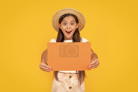 shocked teen girl with copy space on orange paper on yellow background.
