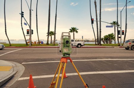 level optical instrument for surveying. geodesist and survey. concept of leveling.