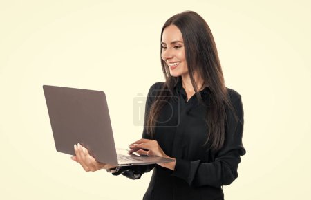 University student using laptop for studying in university college. Happy young woman watching webinar online isolated on white. Higher school. Online and distance education. E-learning. E-education.