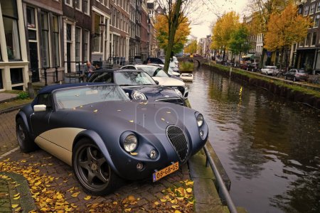 Foto de Ámsterdam, Países Bajos - 15 de noviembre de 2021: Wiesmann GT MF5 roadster retro convertible classic sport car parking at autumn river, top view. - Imagen libre de derechos