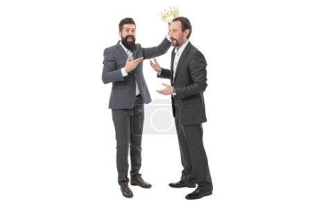 Respected king. Respected position in society. Achievements and reputation. VIP concept. Men wear crown. Businessmen successful people. Rich and powerful people. Respected bearded man. Self esteem.