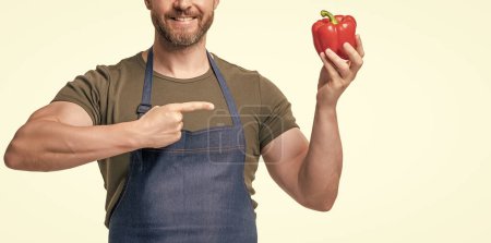 cropped view of man in apron with sweet pepper vegetable isolated on white. point finger.