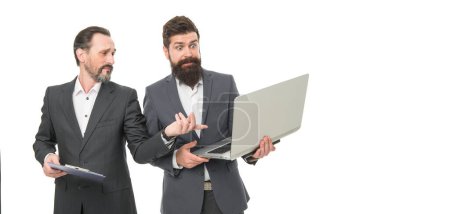 Communicate and exchange information. Businessmen work on computer isolated on white. Workplace communication. Business communication. Communication technology. Using modern communication networks.