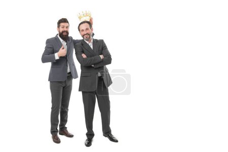 Rich and powerful people. Respected bearded man. Self esteem. Respected king. Respected position in society. Achievements and reputation. VIP concept. Men wear crown. Businessmen successful people.