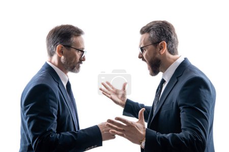 business conflict. two businessmen conflicting at rivalry isolated on white. businessmen having conflict in business. conflict between boss and employee. conflict between companies. high competition.