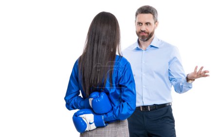 business partners fighting in boxing gloves isolated on white. anger management. business fight with two businesspeople. businesspeople fight against each other. business team fight.