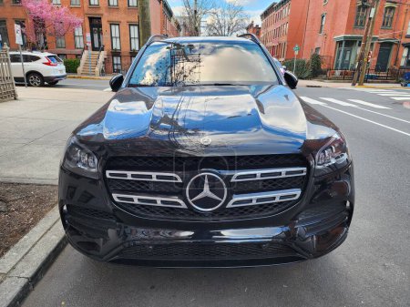 Photo for New York City, USA - March 18, 2024: Mercedes Benz GLS 580 luxury car vehicle outside, front view. - Royalty Free Image