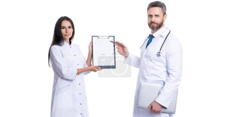 prescriber with nurse. prescription. medicine and healthcare. doctor at hospital. doctor hold medical prescription. doctor internist with clipboard isolated on white. Clipboard for documentation.