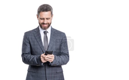 Photo for Businessman texting on phone isolated on white. Business texting message. Online business. Business man in suit use phone. Texting businessman chatting in blog. Communication. Copy space. - Royalty Free Image