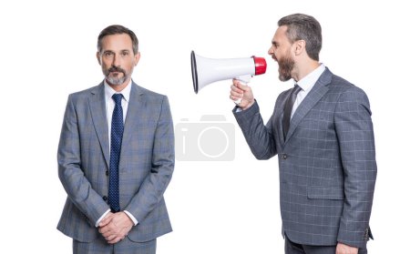 businessman shouting in loudspeaker isolated on white. confident business man promoter has conflict. businessman promoting idea for business. promotion concept. business promotion ideas.