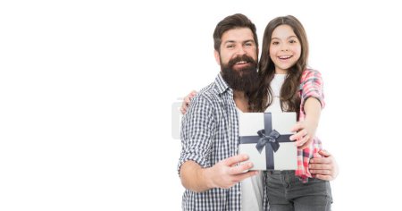 Put your purchase in box. Father and child hold gift box. Happy family celebrate holiday. Gift shop. Packaging purchase. Black Friday. Cyber Monday. Purchase and sale. Purchase discount.