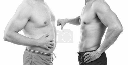 vor Fettleibigkeit nach dem Abnehmen vergleichen isoliert auf weiß. vor Fettleibigkeit nach dem Abnehmen von Männern im Studio. abgeschnittene Ansicht von Männern mit vorheriger Fettleibigkeit nach dem Abnehmen. Foto von vor Fettleibigkeit nach dem Abnehmen.