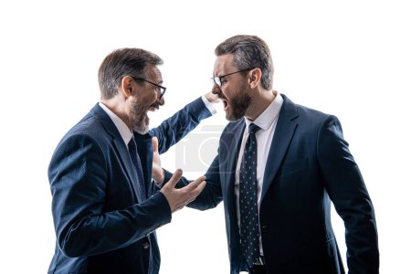 two businessmen conflicting at rivalry having business fight isolated on white.