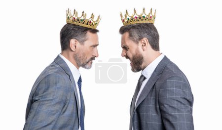 rivalry leadership. business conflict. two businessman conflicting for leadership isolated on white. businessman leader having conflict in business. conflict between entrepreneur and leader.