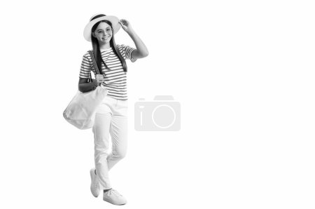 photo of teen girl in summer style, copy space advertisement. teen girl in summer style isolated on white. teen girl in summer style at studio. teen girl in summer style on background.