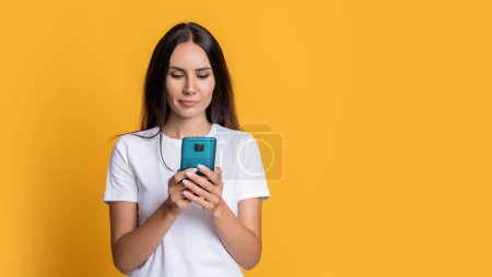 Photo for Chatting and texting. Connected online. Private message. SMS communication. Woman chatting online. Woman has distance relationship. Woman using smartphone. Copy space banner. - Royalty Free Image